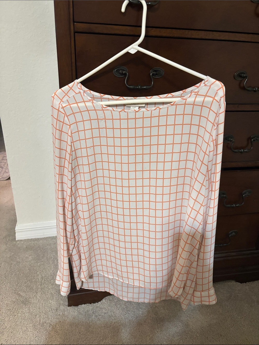 LOFT White Long-Sleeve Top with Coral Grid